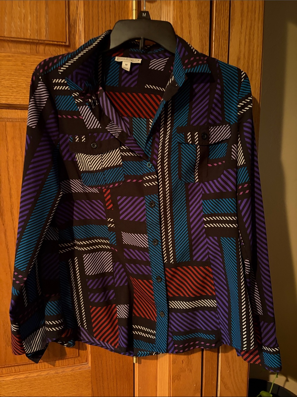 Dana Buchman MultiColor/Purple Long Sleeve Button Down, w/ pockets Blouse Size M